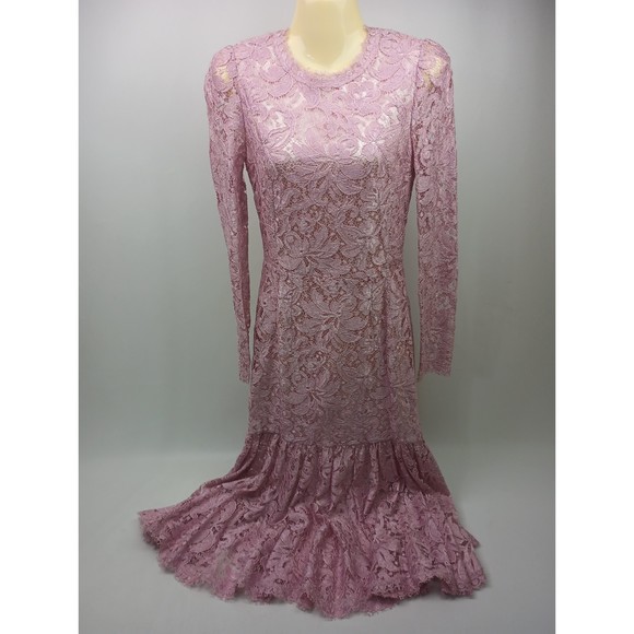 Dolce & Gabbana Pink Floral Guipure Lace Flounce Hem Midi Dress Silk Size 38 - Picture 3 of 5